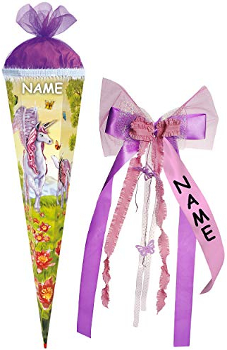 alles-meine.de GmbH Schultüte - Einhorn - Pegasus/Pferd Unicorn - 85 cm - eckig - incl. Name und individueller großer 3-D Effekt Schleife - Tüllabschluß - Zuckertüte - mi..