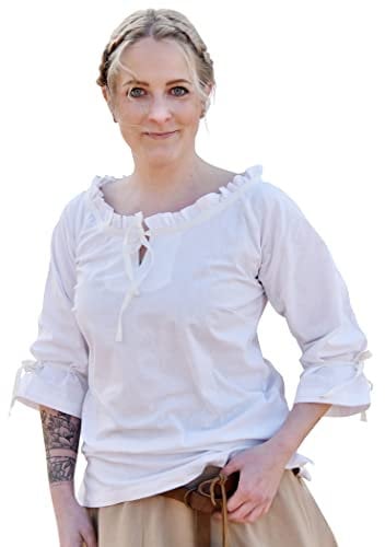 Battle-Merchant Mittelalter Bluse Birga | LARP Bluse aus Baumwolle mit 3/4 Arm | Mittelalter Kleidung für Damen (Weiß/XXL)