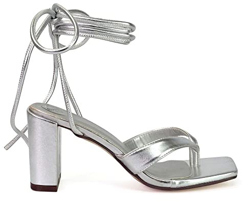 ESSEX GLAM Womens Lace Up Block High Heel Sandals Ladies Square Toe Party Shoes Size 3-8