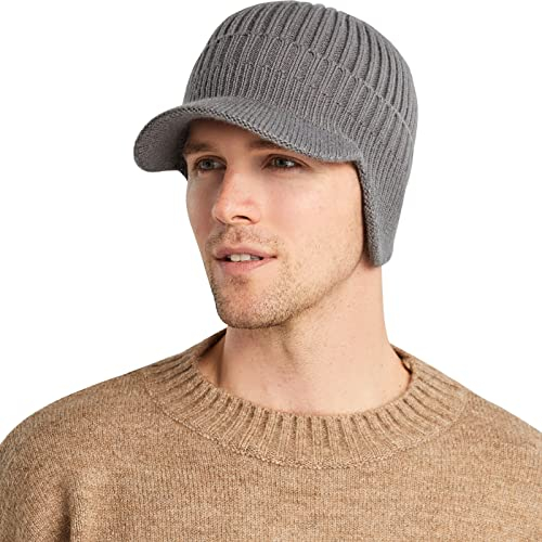 WANYI Gehörschutz Strickmütze Baseballmütze Schirmmütze Herren mit Ohrenklappen Wollmütze Wintermütze Elastisch Verdicken Warm Baseballcap für Herbst und Winter (Doppelschicht Grau)