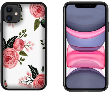 Generico Cover compatibile con Cover Apple iPhone 11 Fiori Rosa con Foglie/Glass Back con gomma sui lati/TPU rigido