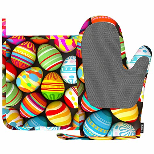 Mxocom Ostereier, hitzebeständig, Ofenhandschuhe und Topflappen, bemalte Eierstreifen, Punkte, dekorativ, glänzend, bunt, Küche, rutschfest, zum Kochen, Backen, Grillen