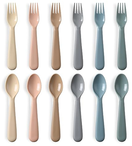 12 Pieces Toddler Utensils Set, Plastic Spoons and Forks Set for Kids, Children Safe Flatware, Plastic Reusable Cutlery, BPA Free, Dishwasher Safe