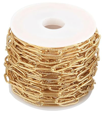 LOVIVER 39 Inch Stainless Steel Paperclip Chain with Spool 12x4x1mm Welded Chain Link for Jewelry Making, Gold