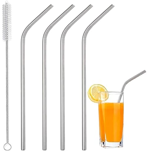 Pack of Four Stainless Steel Straws and Brush Set - Reusable Metal Milkshake Straws, Great for Smoothie, Water, Juice, Curved Silver Design