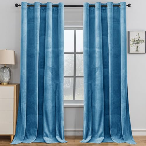 YSTELLAA Gardinen Samt 2er Set, 140×180cm, Thermovorhang Kälteschutz Mit Ösen, Vorhang Blickdicht Wohnzimmer Modern, Thermovorhang Schlafzimmer, Blackout Schallschutz, Hellblau