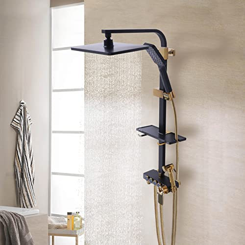 Konfiur Regendusche, Duscharmatur mit Handbrause Kopfbrause, Regendusche mit Ablage, Duschpaneel mit Armatur, Freiliegende Duschsysteme Duschsäule für Bad, Schwarz und Gold