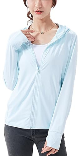 Sukany Sweat à capuche pour femmes avec protection solaire UPF 50+, léger, veste UV, athlétique, à manches longues, avec fermeture éclair, pour le plein air, la course, la randonnée, avec ouvertures