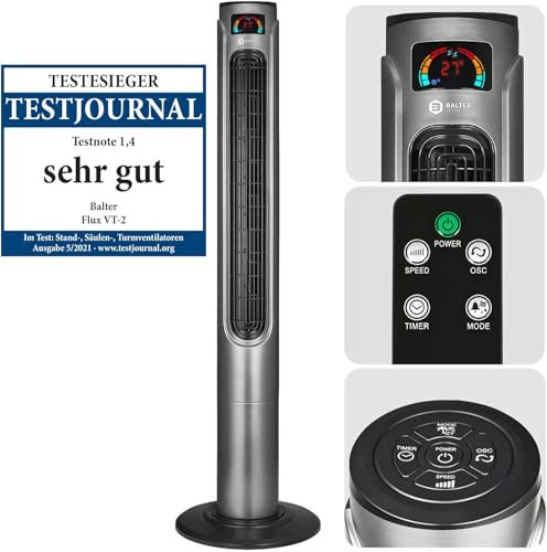 Balter Turmventilator mit Fernbedienung, 120 cm hoch, Leise, Testsieger, Ventilator, Standventilator mit Oszilation 80°, mobiler Lüfter, Antrazit
