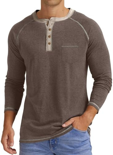 Meilicloth Mens T Shirt Long Sleeve Tshirt Casual Pullover V Neck Tee Shirt Button up Henley Tops Lightweight Shirt with Pocket Brown Medium