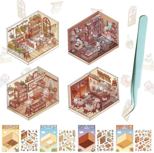 Zecnaud Scrapbook Stickers DIY 3D House Set 4 Set di Adesivi 3D per Album Fotografici, Scene, Accessori Fai da Te 3D House Stickers Aesthetic, 3D Scrapbooking Sticker