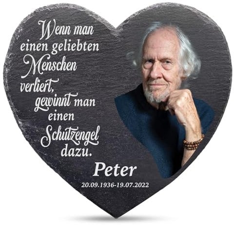Love Faith Schieferherz mit individuellem Druck - Hochwertiges Herz aus Schiefer, personalisiert mit Foto und Text - Grabstein mit Text