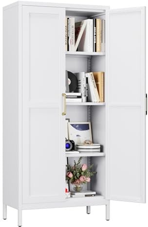 Aobabo Metal Office Shaker Storage Cabinet with 3 Adjustable Shelves Home Pantry White Heavy-Duty Storage Cabinet,4-Tier Tall Steel Cabinets for Living Room,Assembly Required