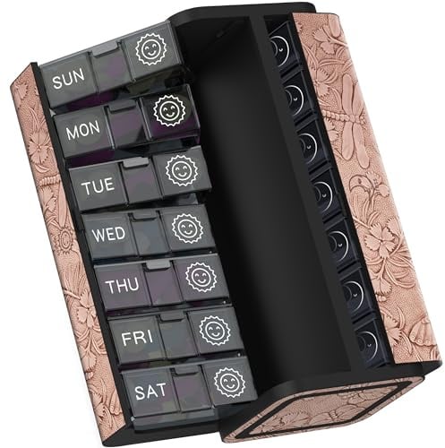 Kqimi 7 Tage Tablettenbox Wochen-Pillendose für Erwachsene – Hochwertiges PU-Leder Reise Organizer mit edler Prägung, Morgens/Abends 2-Fächer für Vitamine (Rosa)