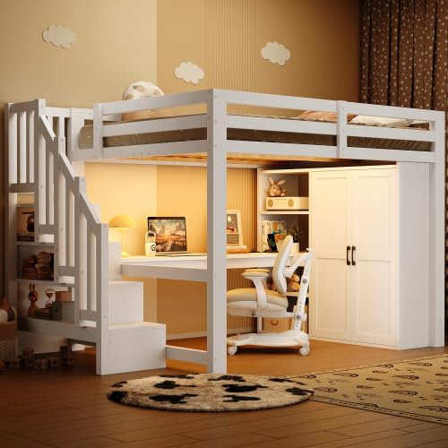Merax 140x200 Hochbett Weiß mit Schreibtisch, Regal, Kleiderschrank, Stauraumtreppe, USB und LED-Beleuchtung für Kinderzimmer