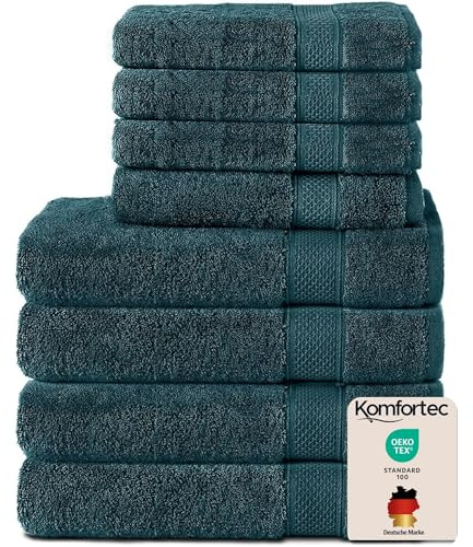 Komfortec Handtuch Set 8 Teilig aus 100% Baumwolle, Petrol | 4 Badetücher 70x140 cm, 4 Handtücher 50x100 cm, Frottee, Flauschig und Saugstark