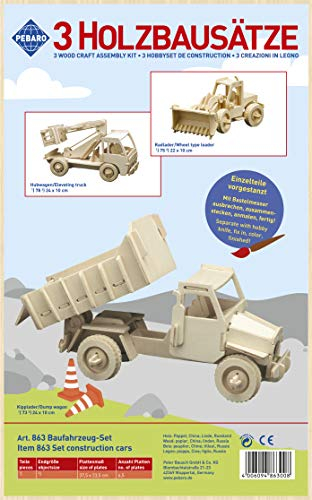 Pebaro 863 Holzbausatz Baufahrzeuge-Set, 3 Stück 3D Puzzle Baufahrzeuge: Kipplader, Hubwagen, Radlader / Bagger. Modellbausatz, Basteln mit Holz, Holzpuzzle, vorgestanzte Holzplatten, Geschenkidee, Mittel