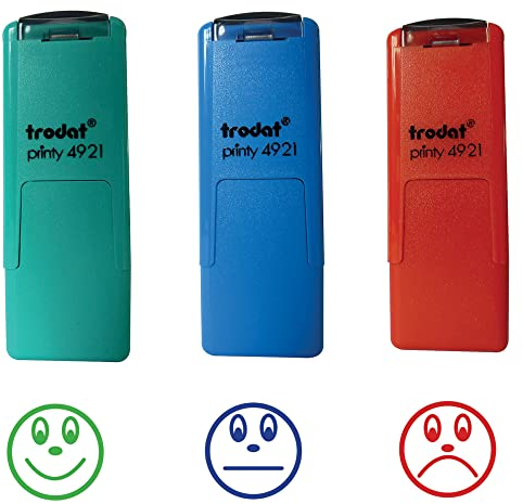 Trodat Stempel-Set für Schulbewertung, nachfüllbar, Smiley zur Förderung der Schüler, Größe des Fußabdrucks: 10 x 10 mm, Farbe: Blau, Rot und Grün