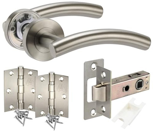 Door Handle Pack with Brushed Steel Door Handles, Latch and Hinges - Handle Kingdom Ltd