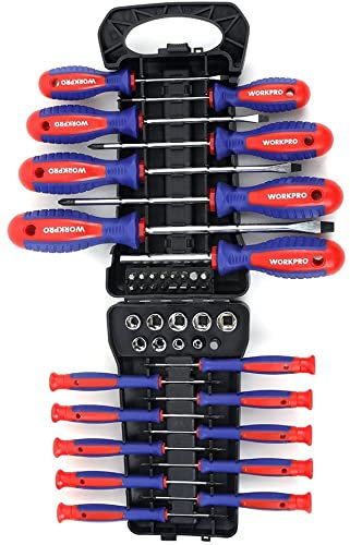 WORKPRO 45-Piece Screwdriver Set| Includes Precision Screwdrivers, Standard Screwdrivers, 1/4 Driver, Socket Set, and Organizer Rack| Perfect for DIY, Home Repair