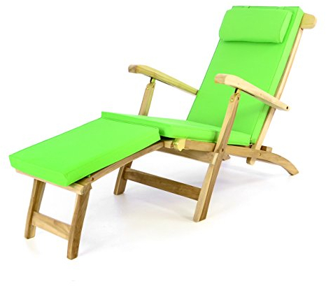 Divero eleganter Deckchair Florentine Liegestuhl Steamer Chair Teakholz unbehandelt inkl. Liegenauflage mit Kopfteil hellgrün wasserabweisend