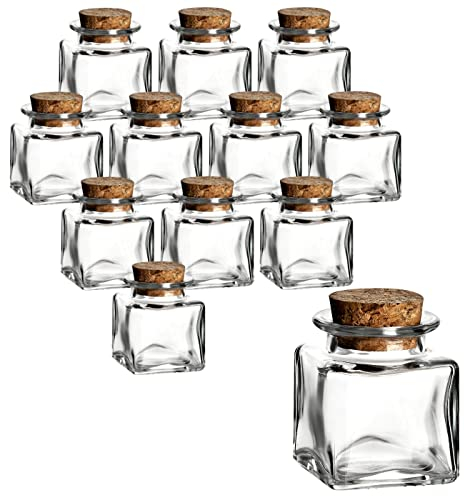 gouveo 12er Set Gewürzgläser 50 ml eckig mit Korken - Mini Korkengläser mit Korkverschluss - Leere Vorratsgläser für Kräuter, Gewürze, Basteln, Geschenke - Kleine Glasdose (KGE050)