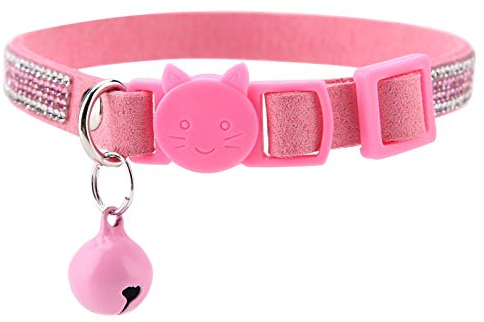 Verstellbares Hundehalsband, PU Leder, Reflektierend mit Bling Diamanten, Sicherheitsschnalle und Glocken, für Hunde und Katzen, Rosa, Größe S