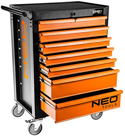 NEO TOOLS Werkzeugschrank 680x460x1030 mm, 7 Werkzeugschubladen, Belastbarkeit 280 kg, öl- und fettbeständiges Oberteil, Zentralverriegelung, Schubladenverriegelung, 5-Lenkrollen mit Feststellern