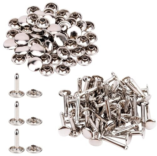 Trimming Shop Extra Long Double Cap Studs, Brass Tubular Rivets for Making Handbag, Dog Collar, DIY Leathercrafts, Shoes, Repair Clothing (9mm x 14mm, Silver, 50pcs)