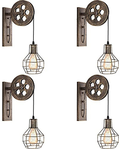 iDEGU Wandleuchte Industrielle, 1 flammige Deckenlampe Vintage Riemenscheibe Stil E27 Lampe aus Holz und Eisen Retro Hängelampe für Wohnzimmer Restaurant Bar – Rost Bronze (4 Stück)