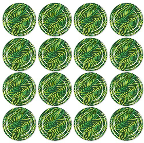 Beistle 16 Piece Tropical Palm Leaf Tableware Disposable Paper Plates for Luau Theme Party Supplies, 9, Dark Green/Green/Light Green
