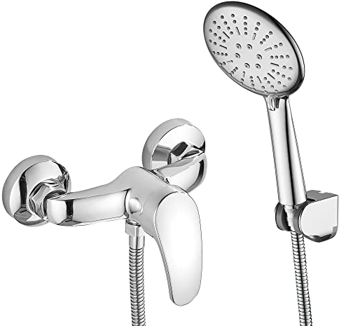 GERUIKE Grifo Ducha Monomando con Alcachofa, Manguera y Soporte - Grifo de Ducha sin Caño, 150cm Cable Ducha Acero Inoxidable, Cabezal Ducha con 3 Funciones - Cromo Plateado