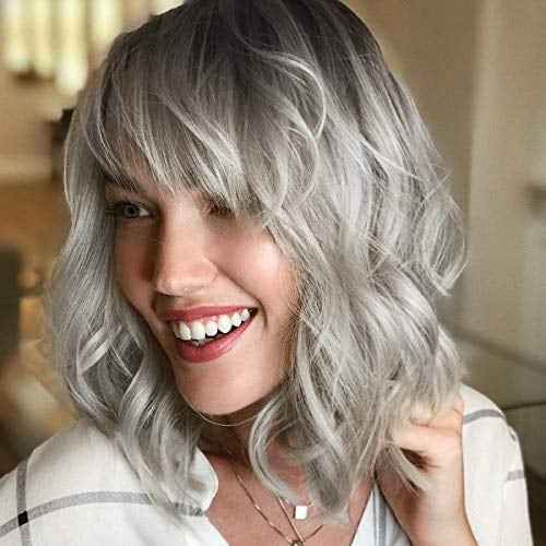 PARXITN Kurze Bob Perücke mit Pony Dunkler Wurzel Ombré-Silber Perücke Synthetisches Haar Bunt Täglich Party Halloween Cosplay Gewellte Lockige Perücken für Frauen