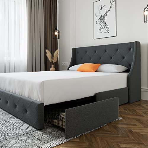 SHA CERLIN Upholstered Full Size Platform Bed Frame with 4 Storage Drawers and Wingback Headboard, Diamond Stitched Button Tufted Design, No Box Spring Needed, Dark Grey