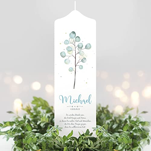 Wandtattoo Loft Taufkerze Junge Mädchen Eukalyptus Personalisiert Taufe Kommunionskerze Baum, 1 Taufk. + 3 Patenk., Junge