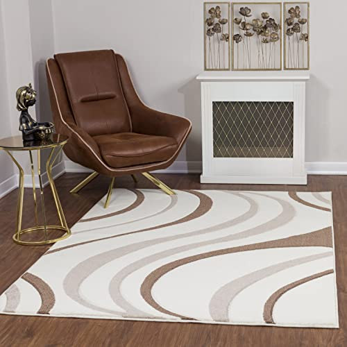 Livabliss Arles Tapis Moderne Abstrait - Tapis Salon, Salle à Manger, Chambre Adulte et Ado, Cuisine - Design Marbre Moucheté Multicolore, Poil Ras Doux 160x213 cm - Blanc, Beige et Marron