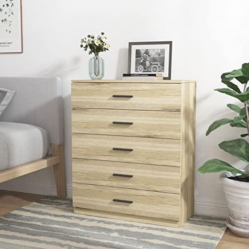 URBNLIVING Oak Wooden Bedroom Furniture Cabinet Chest of Drawers Dressing Table Wardrobe - 5 Draw Cabinet