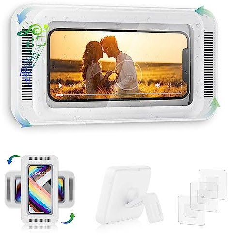 TOCHIO Upgraded Shower Phone Holder Waterproof with Speaker Hole Screentouch Shower Phone Stand Case Mount for Bathroom Bathtub Kitchen Wall Mirror for iPhone16 15 14 13 12 11 Pro XS XR Max (White)