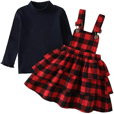 Xumplo Toddler Baby Girl Christmas Outfits Plaid Overall Skirt Suspender Dress Two Piece Skirt Set Long Sleeve Christmas Clothes 18-24 Months