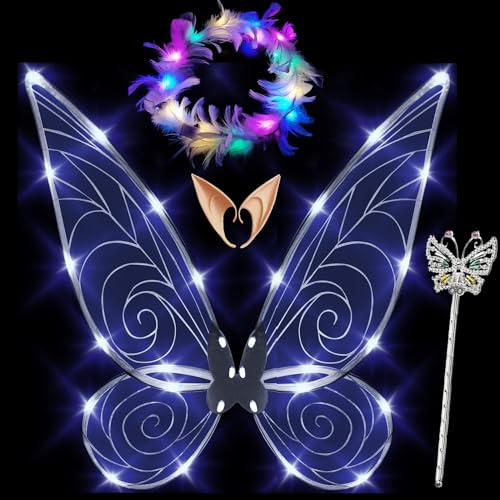 Feenflügel Leuchtend Erwachsene,LED Haarreif and Sterne Feenstäbe,Feenflügel Erwachsene,Elfenflügel Damen,Led Flügel Kinder,Schmetterlingsflügel Kinder,Mädchen Feenflügel Glitzernde Engelsflügel
