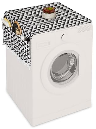 Relaxdays Cuscino Coprilavatrice con Tasche Portaoggetti, Poliestere, Copertura per Lavatrice, Asciugatrice, Frigo, Nero Crema, 130 x 50 cm