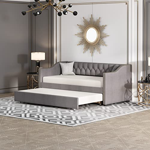 Merax Vielseitiges Polsterbett Kinderbett 90x200 in Grau – Ausziehbares Schlafsofa mit strapazierfähigem Leinenstoff, ideal als Jugendbett, Kinderbett und Gästebett