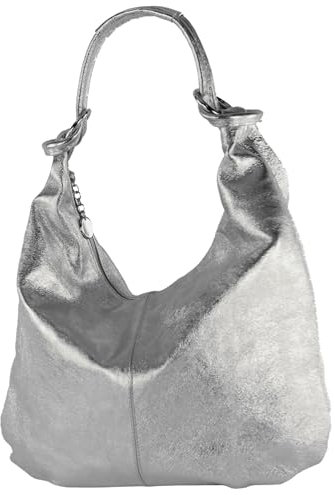 modamoda de 337 Damen Leder Schultertasche Shopper Large handmade in Italy, Farbe:Silbergrau-Metallic