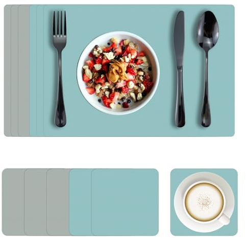 Bazasa Tischsets 6er Set Kunstleder Abwaschbar und Tischuntersetzer Hitzebeständig Doppelseitige Platzdecken rutschfest Platzset mit Untersetzer für Hause Küche Restaurant und Hotel (Hellblau&Grau)