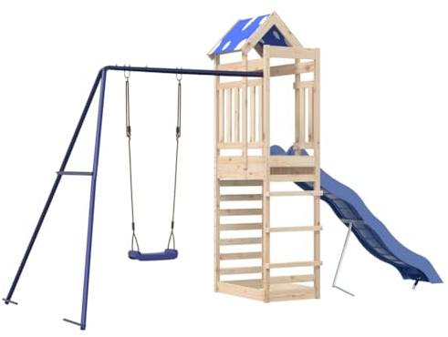 vidaXL Spielturm, Klettergerüst mit Dach Schaukel Rutsche, Kinder Kletterturm Spiel-Zubehör für Garten, Holz Spielplatz Spielhaus, Massivholz Kiefer