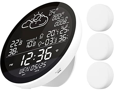 Sunydog Tuya Wifi Smart Wetterstation mit Uhr Innen- und Außentemperatur- und Luftfeuchtigkeitsmesser Multifunktionaler großer Farbbildschirm Wetteruhr Temp. & Feuchtigkeitsmesser mit 3 Sensoren