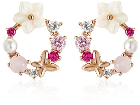 VAEIORP Silber Ohrstecker Verhindern Allergien Zircon Frauen-Bolzen-Ohrringe Mit Hübscher Schmetterling Bunte Blumen Perle Für Partei Hochzeiten Verlobungen