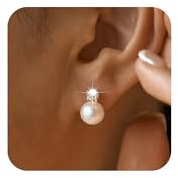 Fezgoat Pearl Earrings for Women-Dainty 14k Real Gold Plated Pearl Sterling Silver Post Trendy Diamond Stud Drop Earrings Bridal Wedding Jewelry