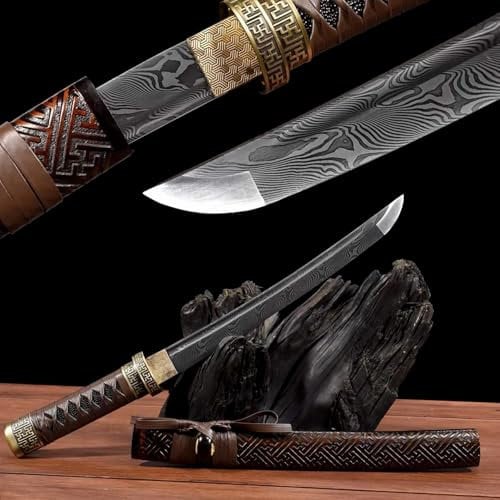 KWXPW 54 cm großes handgefertigtes Wakizashi丨Klappbare,geschmiedete,gemusterte Stahlklinge丨Holzscheide mit geschnitztem Muster丨real Samurai-Schwert zur Präsentation,Sammlung,Geschenk,Cosplay