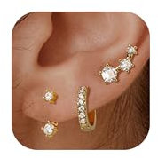 FANCH 3Pairs Gold Stud Hoop Earrings Set for Women 14K Gold Plated Small Stud Huggie Hoop Earrings for Multiple Piercing Dainty Hypoallergenic Earring for Sensitive Ears Cartilage Earrings